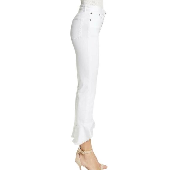 Alice + Olivia AO LA Zoe Ruffled Hem Jeans in White Vintage Sugar - Picture 2 of 7